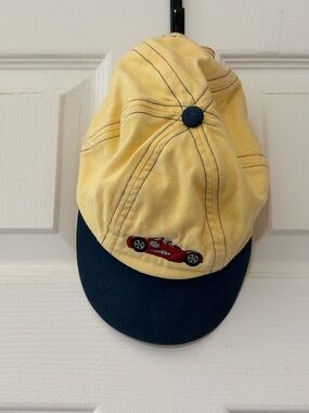Vintage Sprockets toddler Yellow and Navy Cap with Red Car Embroidery